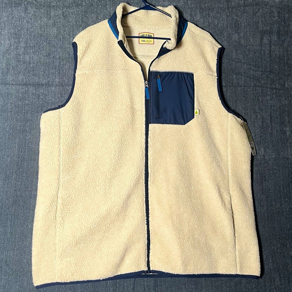 NWT Lake & Trail Mens Fleece Vest XXL Ivory Blue Full Zip Pockets Stand-Up READ